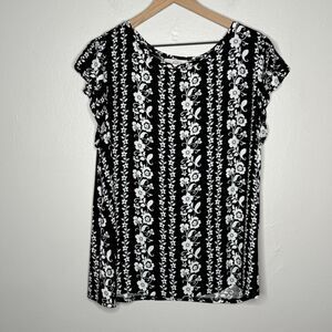 LOFT Womens Blouse‎ XL Black White Floral Mixed Fabric Office Career Brunch